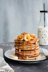 Pancakes with banana, hazelnut and caramel.