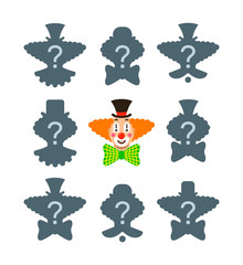 Find the shadow educational puzzle game. Match the correct silhouette of funny clown face. Visual test for preschool kids