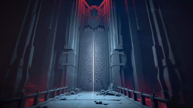 Mysterious dungeon with opening gates in blue tones. Entrance to the treasury. Above the high gate is a sculpture of a bird. At the gate lie skulls, shields and swords on a stone bridge. 3D rendering.