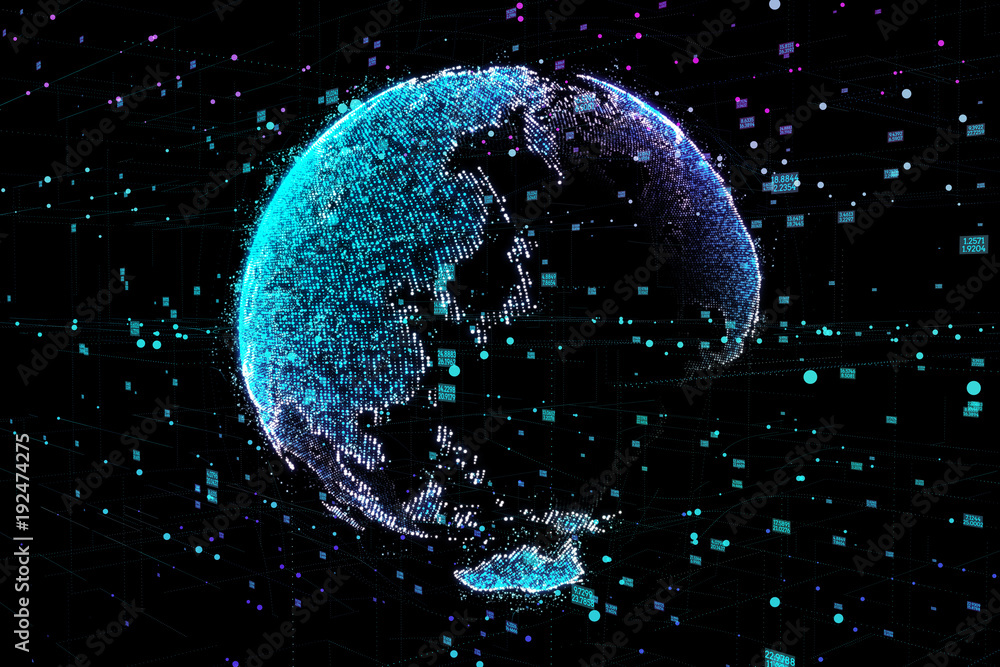 Poster communication of people in a social network without boundaries. connection lines around earth globe.