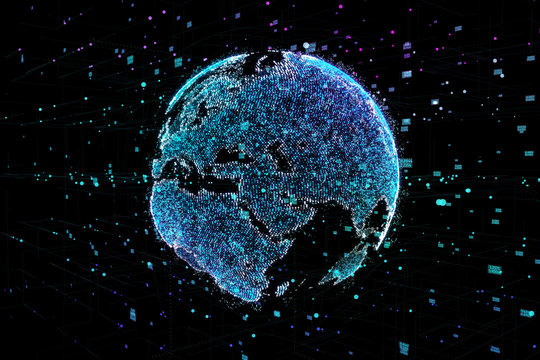 3d illustration of detailed virtual planet Earth. Technological digital globe world