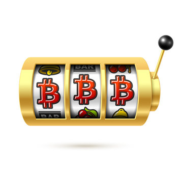 Bitcoin jackpot on slot machine, cryptocurrency symbol