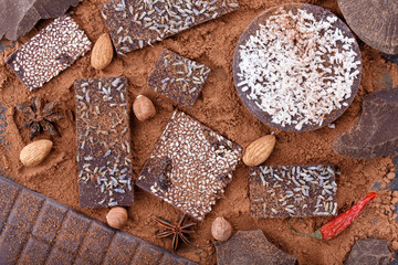 Different types of chocolate bars. Organic artisan chocolate.