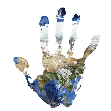 Real hand print combined with a map of Asia of our blue planet Earth. Elements of this image furnished by NASA