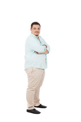a fat young man crossed arms
