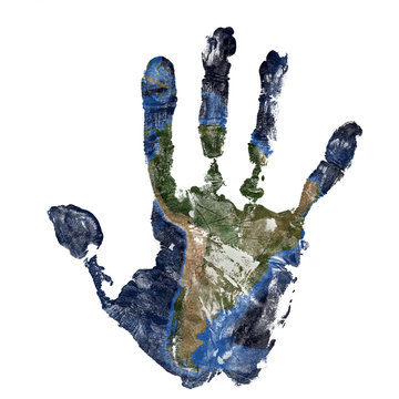 Real hand print combined with a map of South America of our blue planet Earth. Elements of this image furnished by NASA