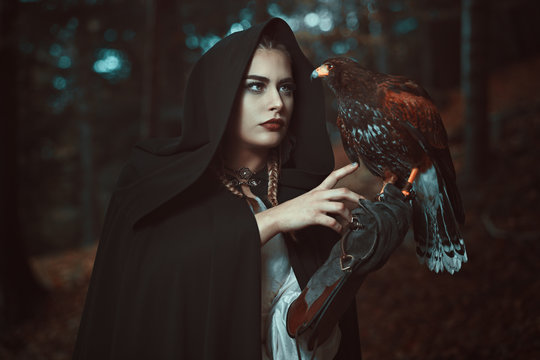 Magician woman with hawk familiar