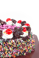 Chocolate cake on white background. Happy Birthday