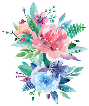 Watercolor floral bouquet clip art. Pink and blue flowers illustration 