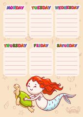 Timetable with days of weeks for school. Vector schedule for children with cartoon mermaid and turtle.