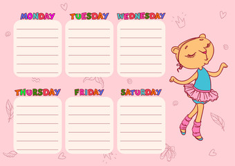 Cute school schedule template with cat-girl. Vector printable illustration.