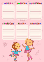 Timetable for school with cute cat-girls. Vector printable template for children.