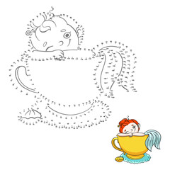 Numbers game for children. Connect the dots. Cute mermaid in a cup of tea illustration.