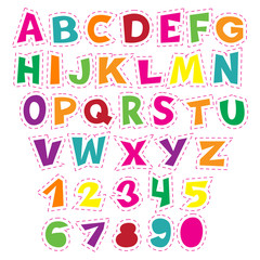 Colorful cartoon alphabet for children. Vector educational collection of letters and numbers.