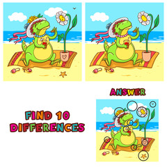 Find ten differences educational game for children. Vector colorful learning activity with crocodile on the beach.