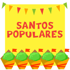 Santos Populares Portuguese festival card with manjerico plants and bunting garland.