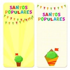 Santos Populares (Popular Saints) holiday template cards. Vector illustrations with bunting garlands and manjerico (basil) plants.