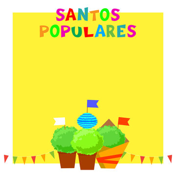 Santos Populares Portugues festival banner with bunting garlands, flags and manjerico plants.