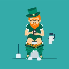 St. Patrick's Day greeting card, banner, poster, print on a t-shirt. Leprechaun hipster sits on  toilet bowl with phone in hands.Toilet paper and brush for toilet bowl. Vector illustration