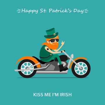 St. Patrick's Day greeting card, banner, poster, print on a t-shirt. Leprechaun ride the motorcycle. Inscription kiss me  I am Irish, inscription Happy St. Patrick's Day. Vector illustration