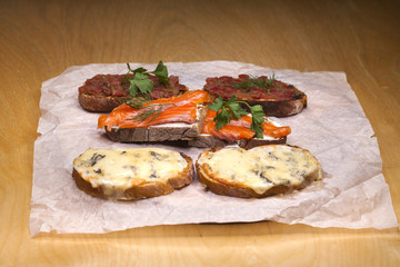 Toasted toast with salmon and cheese