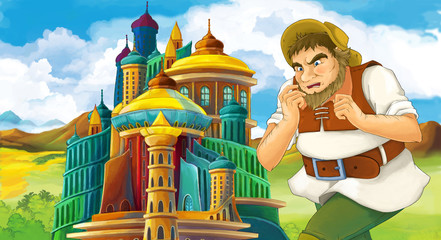 Cartoon scene with some farmer running near beautiful castle - illustration for children
