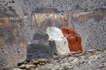 Buddhist Chortens for protection from evil spirits, near Kagbeni. Trekking to the Upper Mustang. Nepal.