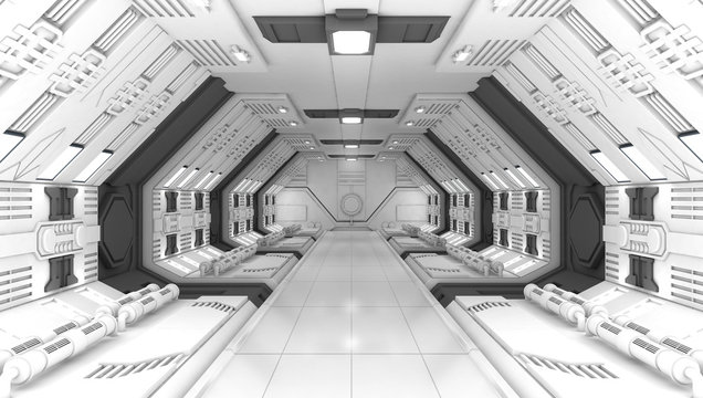 Smart modern future background sci-fi room, white gray color