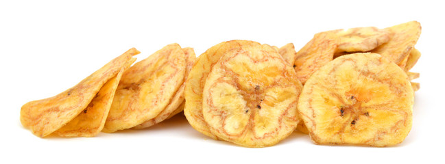 Banana chips on white background