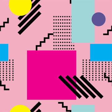 Seamless memphis style pattern with colorful geometrical shapes and pink background