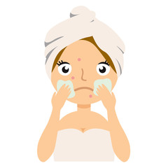 Girl applies cosmetic mask on her face, home remedies, skin problems solution.Vector stock illustration.
