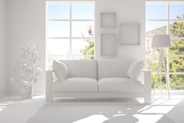 Idea of white room with sofa and summer landscape in window. Scandinavian interior design. 3D illustration