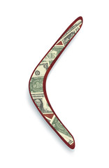 Boomerang of red wood with applique from dollar bills. 3d illustration, isolated on white background
