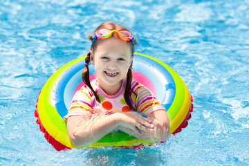 Child in swimming pool. Kids swim. Water play.