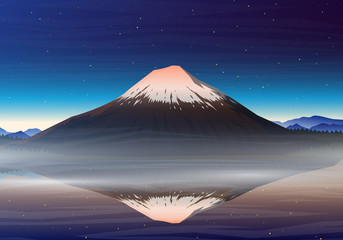 Fototapeta na wymiar Mountain Fuji, night panoramic view with reflection on the lake kawaguchiko, peaks, landscape early in a daylight. travel or camping, climbing, vector. Outdoor hill tops, Japan.