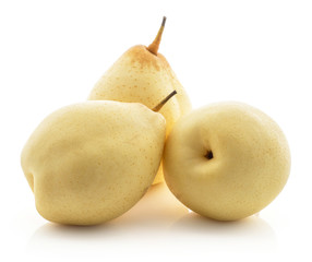 Nashi pears (Russet pear) isolated on white background group of three whole yellow.