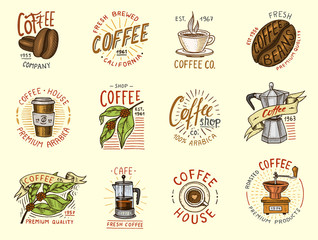 Set of coffee logos. modern vintage elements for the shop menu. Vector illustration. design decoration collection for badges. calligraphy style for frames, labels. engraved hand drawn in old sketch.