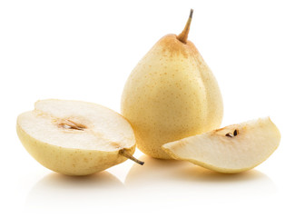 One Nashi pear with section half and one slice (Russet pear) isolated on white background yellow textured flesh.