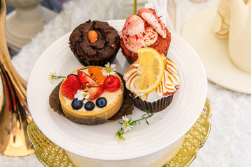 Fruit cake in the white plate.