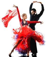 one caucasian man and woman couple ballroom tango salsa dancer dancing in studio silhouette isolated on white background © snaptitude