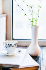 open book, coffee mug by the window, the concept of dreams and thoughtfulness
