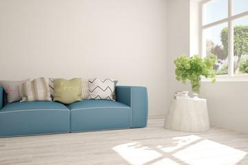 Idea of white room with sofa and summer landscape in window. Scandinavian interior design. 3D illustration