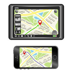 City maps with pin icons on screens of GPS device and smartphone. Vector illustrations for GPS navigation concept.