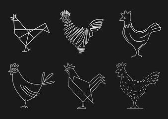 Set of sketches of a rooster. Stylized icons in vector graphics. Blank badges for brands
