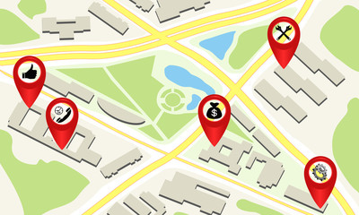 City map with red pin location icons. Vector illustration for GPS navigation concept.
