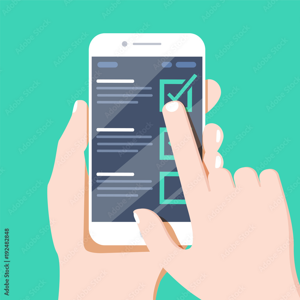 Poster checklist on smartphone display, checkboxes with check mark. list of purchases, tasks, to do, wish l