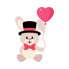 cartoon cute bunny sitting with tie and hat and with balloons