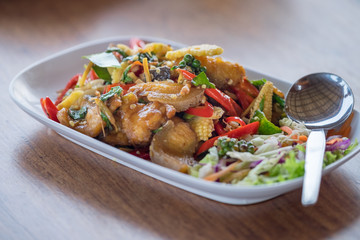 Thai food Spicy stir fried Mekong giant catfish.