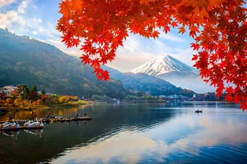 Gardinen Mount Fuji am Kawaguchiko-See mit Sonnenaufgang am Morgen und buntes rotes Ahornblatt im Herbst. © Phattana