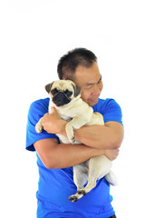 Portrait of Asian male with his dog on white background
